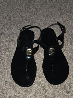 MK Women's T-Strap Jelly Sandals with Gold Logo Accent